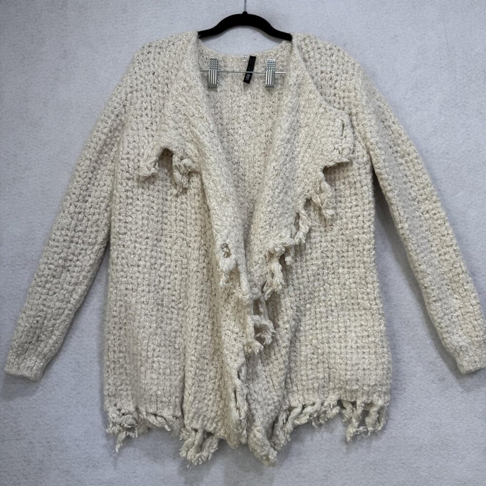 Elan Sweater Womens Large Chunky Knit Boucle Open Front Fringe Cardigan Cozy